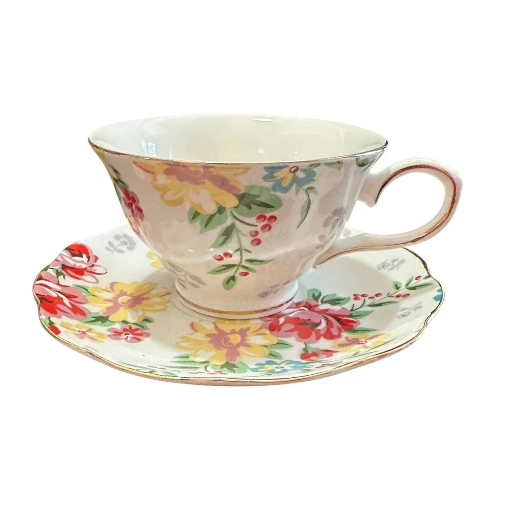 Grace Teaware Floral Teacup Saucer Set Gold Trim Vintage Style Bone China